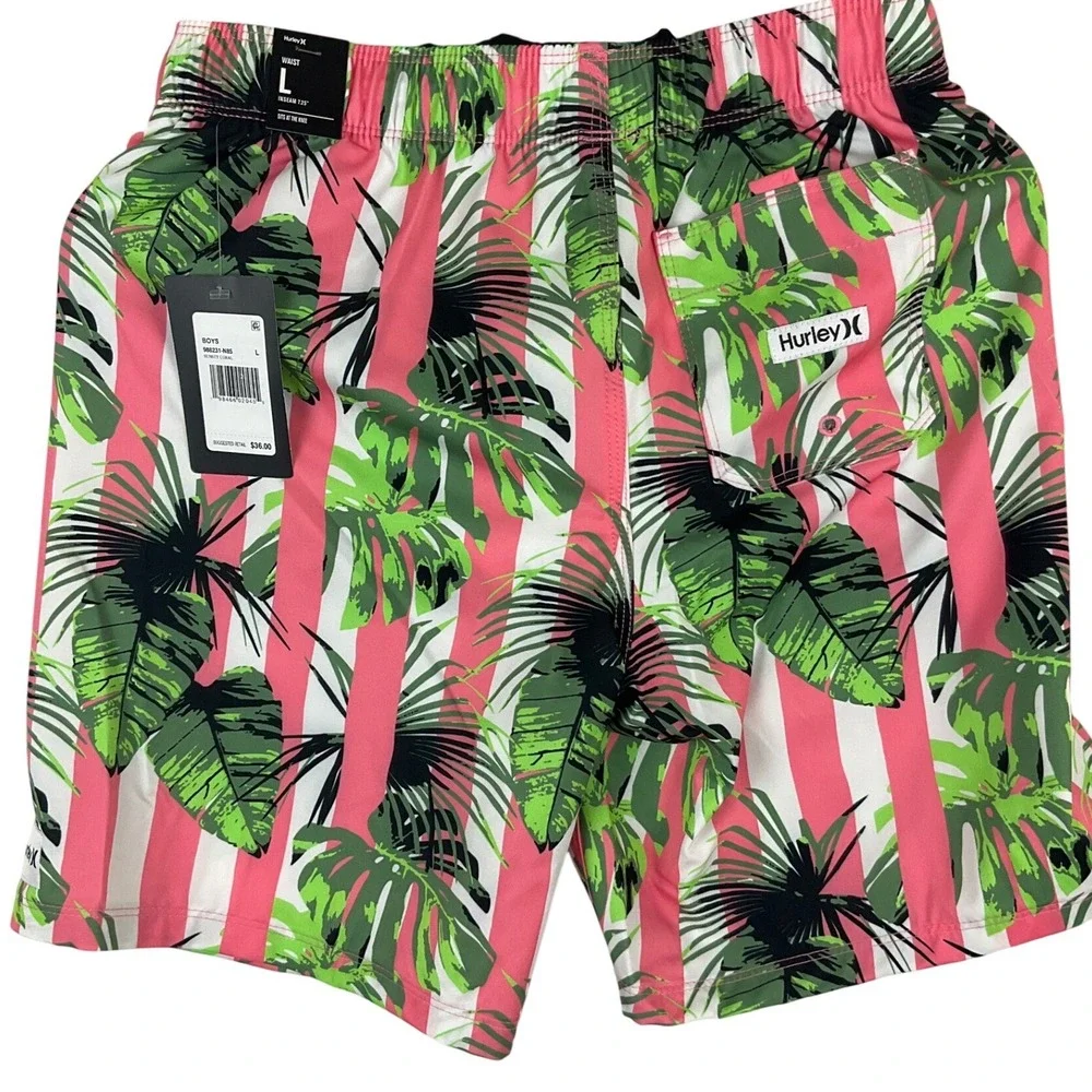 Hurley Boys Pink Tropical Stripe 4-Way‎ Stretch Swim Trunks Board Shorts Large L